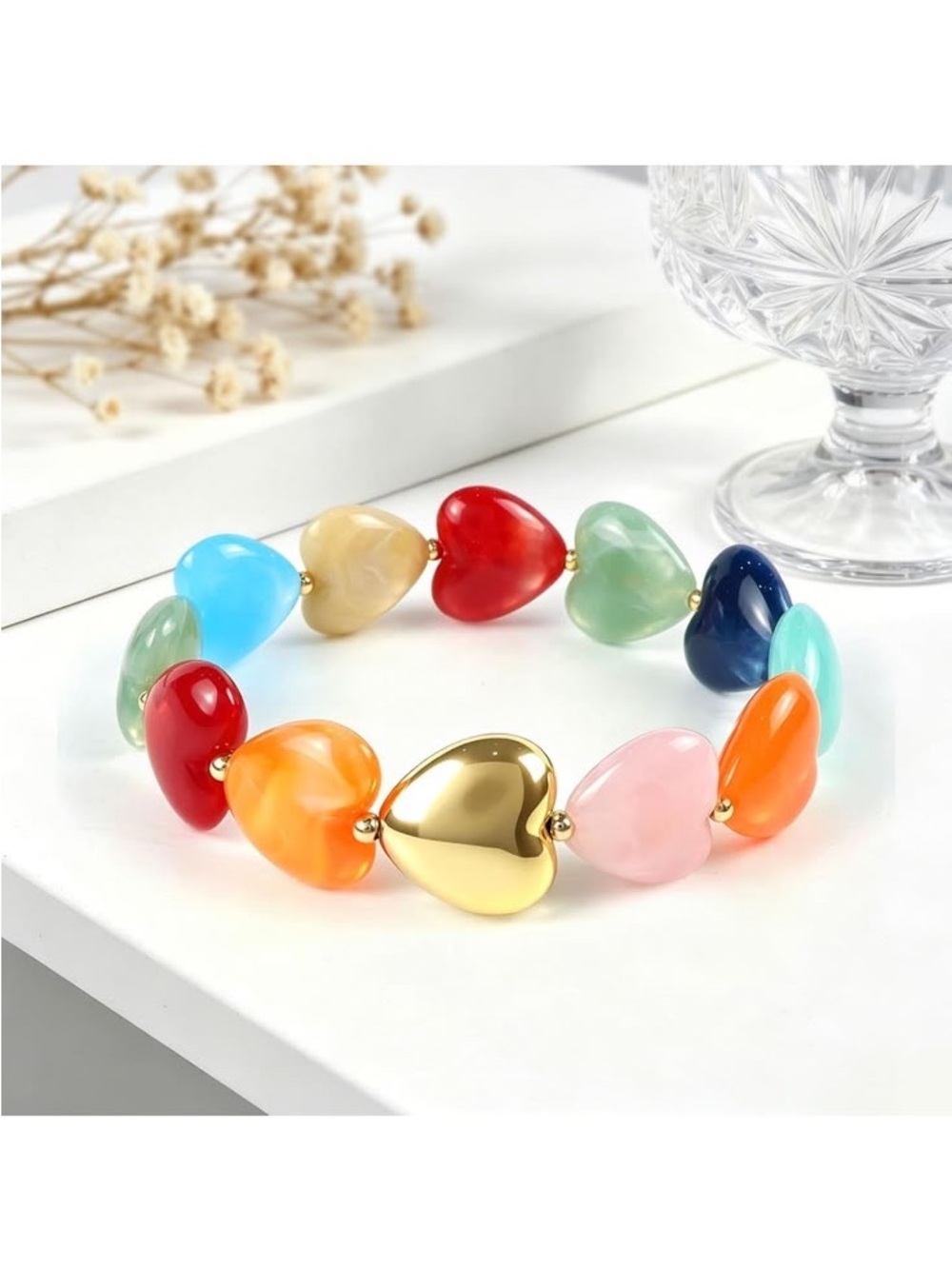 Anthropologie Multicolor Heart Bead Bracelet with Gold Tone Heart - Picture 2 of 4